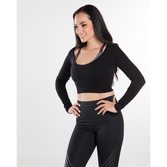 Black Deep Round Neck Athleisure Crop Top - Picture 2 of 6